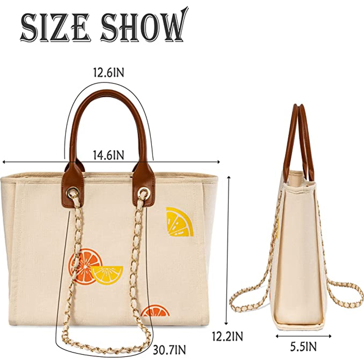 Cute Lemon Canvas Tote Bag for Women with Detachable Chain