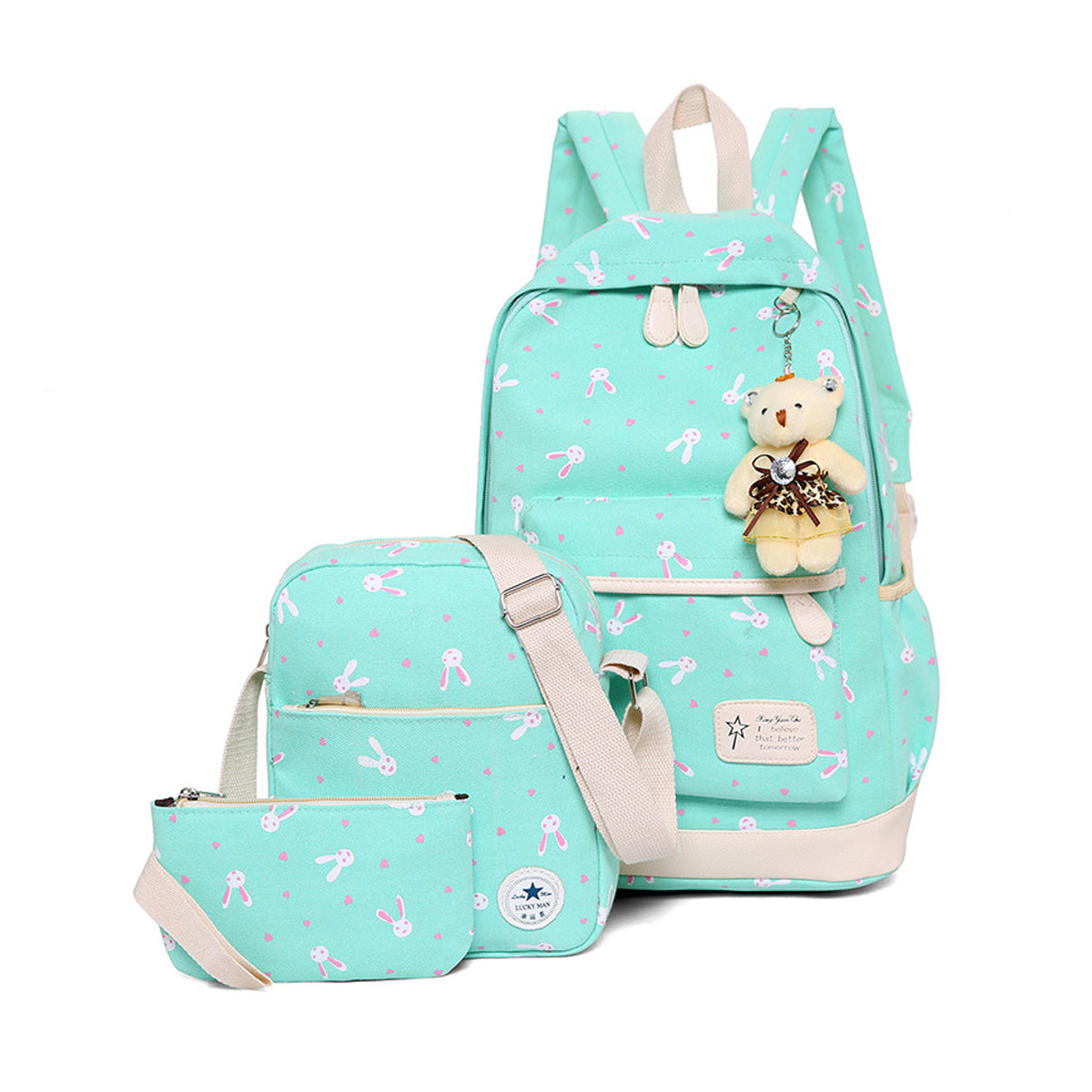 3Pcs Rabbit-Print Girls School Bag Backpack