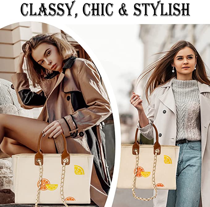 Cute Lemon Canvas Tote Bag for Women with Detachable Chain