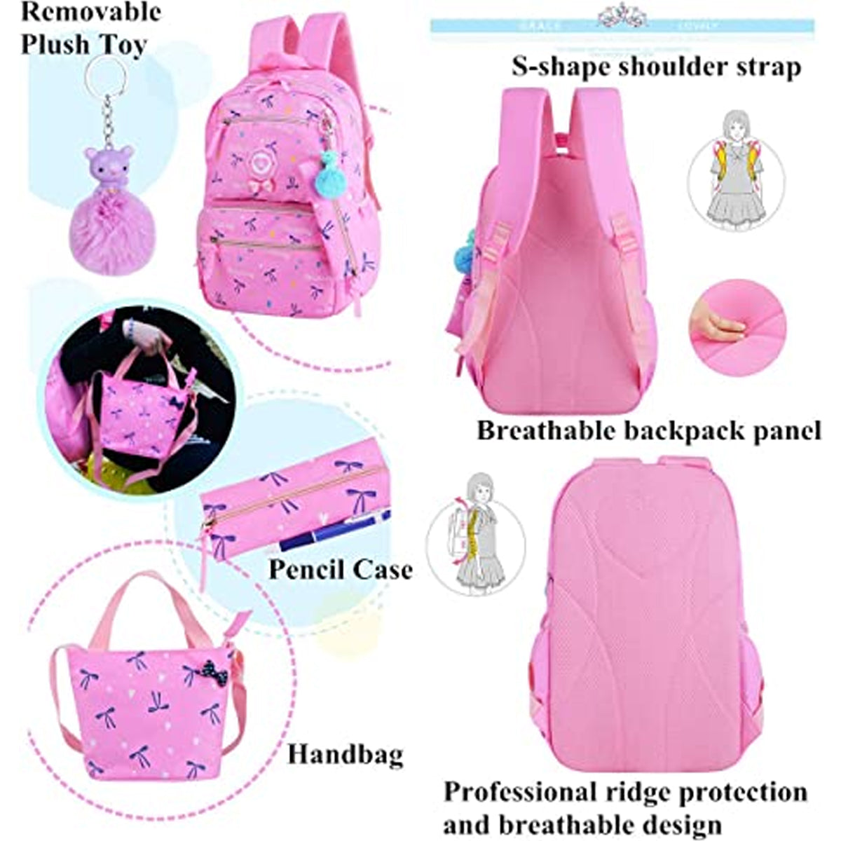 3Pcs Heart Printing Backpack Sets With Bowknot